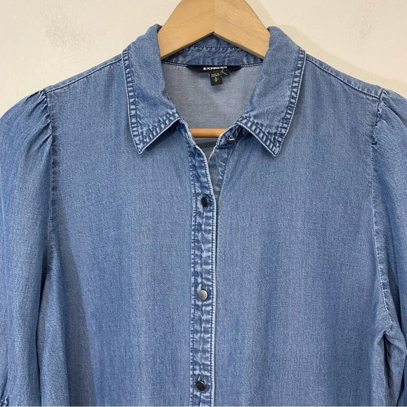 Express Chambray Shirt Dress Small  3/4 Sleeve Button Front Above Knee‎ Blue - Picture 2 of 10